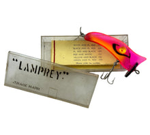 Cargar imagen en el visor de la galería, Cover Photo for Mid-Century Modern Lamprey Lure And Tackle Company of Chicago, Illinois &quot;THE ORIGINAL LAMPREY&quot; Vintage Fishing Lure in PIPED LIGHT RED &amp; BLACK. Original Box &amp; Insert Included.
