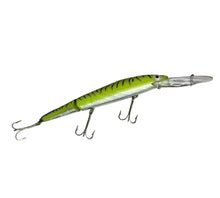 Load image into Gallery viewer, Right Facing View of Rebel Lures JOINTED SPOONBILL MINNOW Fishing Lure in SILVER/CHARTREUSE/BLACK STRIPES
