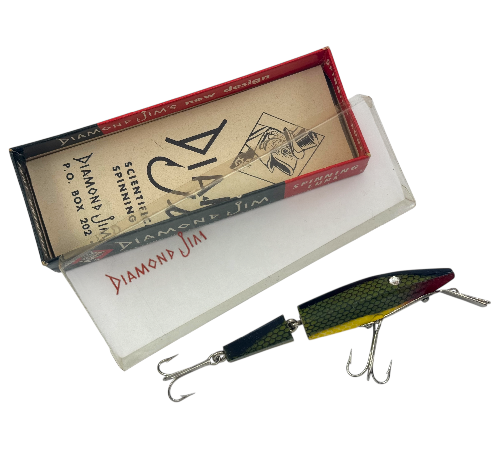 DIAMOND JIM TACKLE COMPANY SPINNING LURE + ORIGINAL BOX • EVANSTON, ILLINOIS