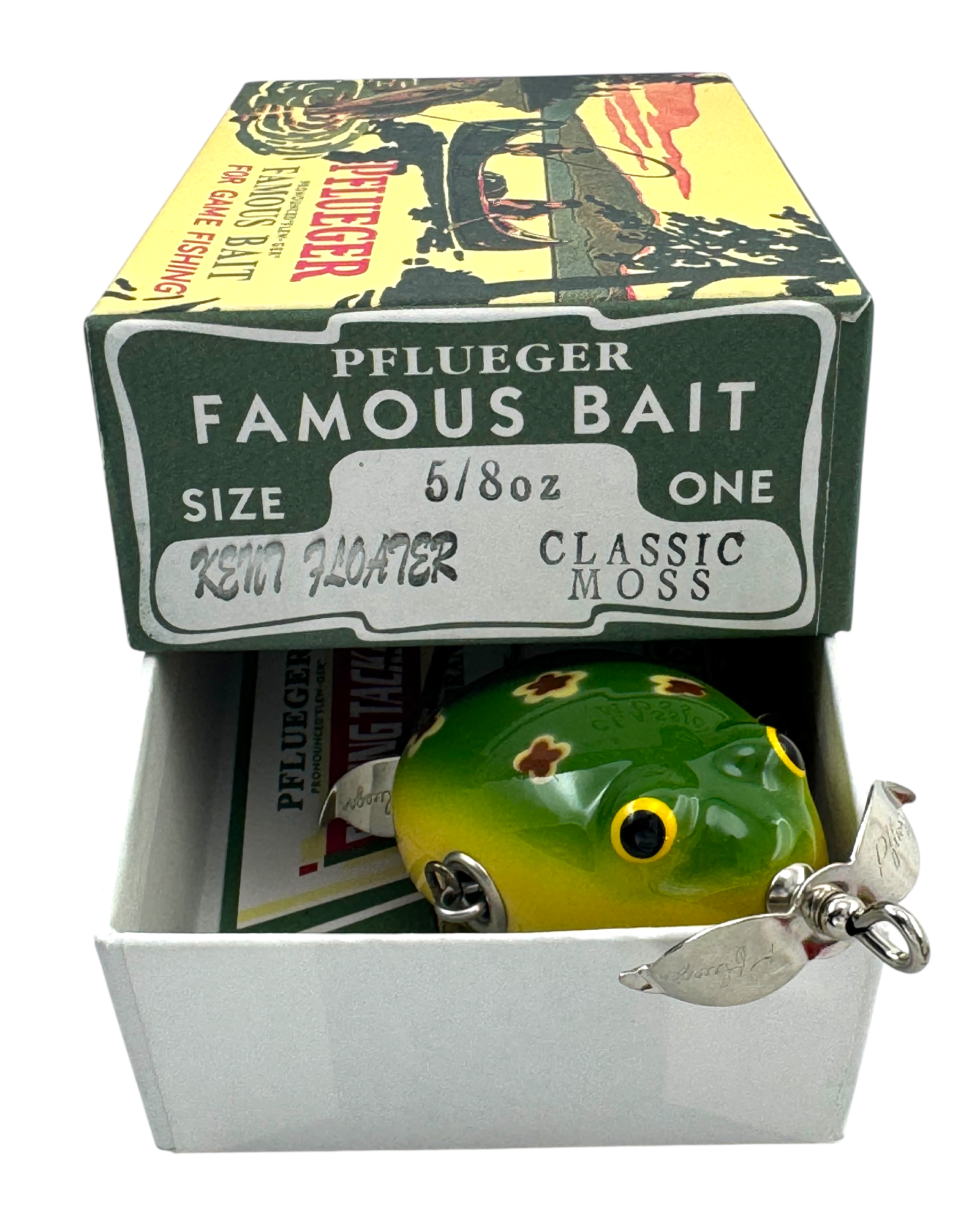 famous fishing boxes BAIT • PFLUEGER KENT FROG FLOATER 1999 LURE REISSUE + BOX • CLASSIC MOSS MAINE Bass Fishing - Model:TTELPF100XHL YGroup_MoritaGaff