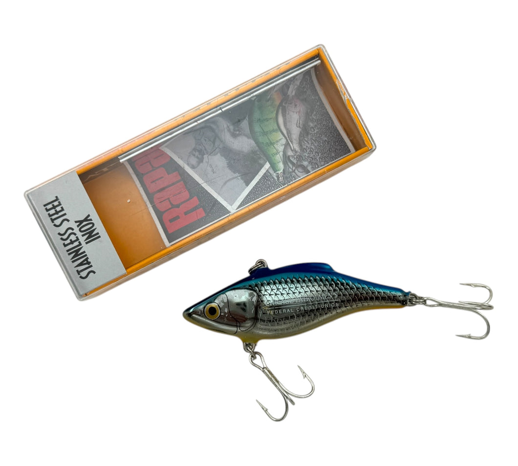 CHICAGO PATROLMEN'S FEDERAL CREDIT UNION Fishing Lure. RATTLIN RAPALA Lipless Crankbait in STAINLESS STEEL BLUE MULLET.