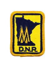 Load image into Gallery viewer, Minnesota DNR Logo. Yellow Patch Background with Navy Blue Embroidery Stitching.
