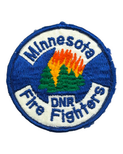 Load image into Gallery viewer, Minnesota DNR firefighters patch. Wildfire in the northwoods depiction. Royal Blue &amp; White Background..
