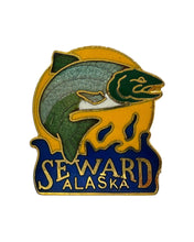 Load image into Gallery viewer, VINTAGE TRAVEL SOUVENIR from SEWARD ALASKA. JUMPING SALMON PIN
