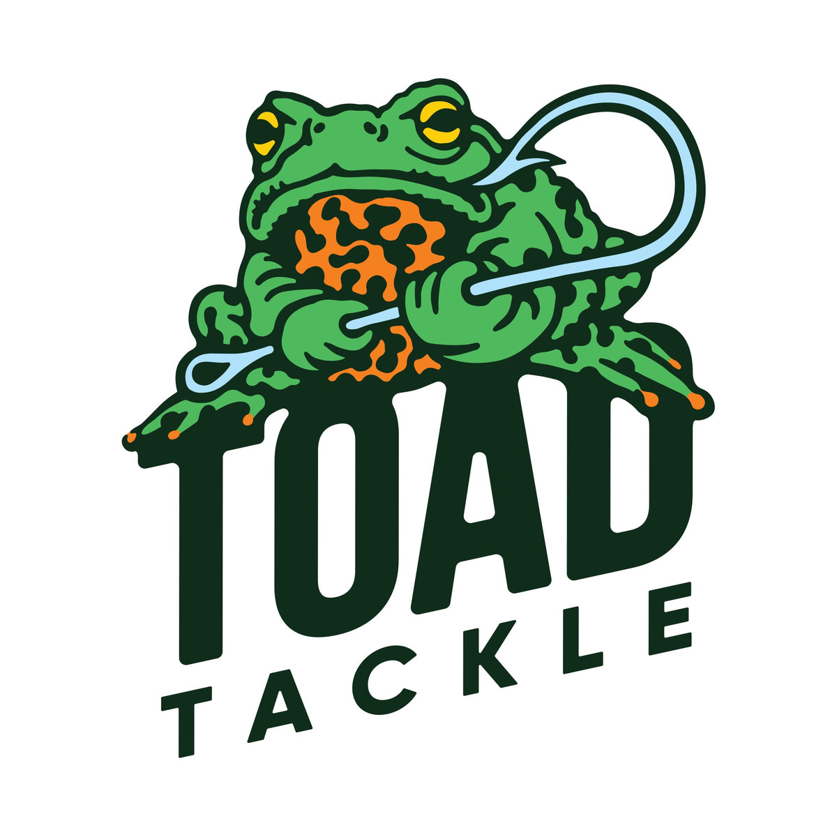 Toad Tackle Logo • Red Fire Bellied Toad Holding Fishing Hook Lure • Antique Discontinued Vintage Fishing Lures