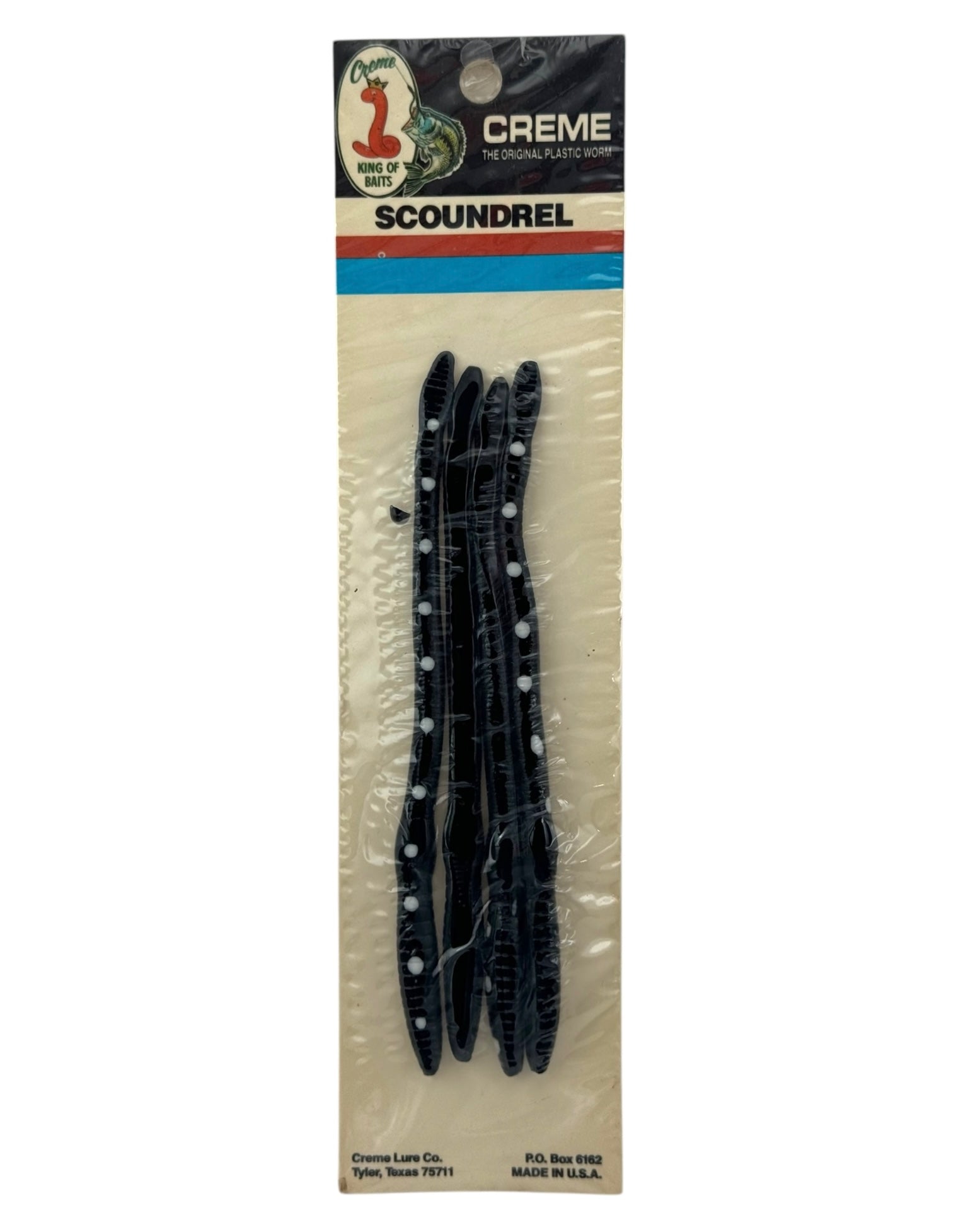 CREME LURE CO. SCOUNDREL ORIGINAL PLASTIC WORM • TYLER, TEXAS