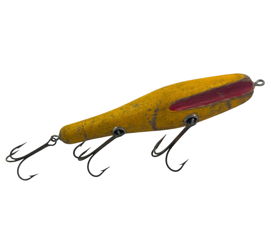 TRIPLE TREBLE HOOKS • WILSON'S MUSKY SIZED FLUTED WOBBLER Antique Wood Fishing Lure • YELLOW w/ RED FLUTES