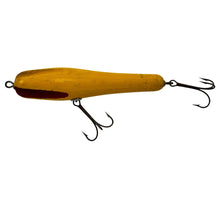 Load image into Gallery viewer, WILSON&#39;S FLUTED WOBBLER Antique Wood Fishing Lure in YELLOW w/ RED FLUTES L
