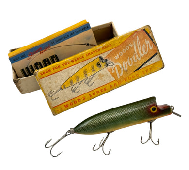 WOODS DOODLER Antique WOOD FISHING LURE & BOX in CHUB. Large Surface Fishing Bait from El Dorado Arkansas.