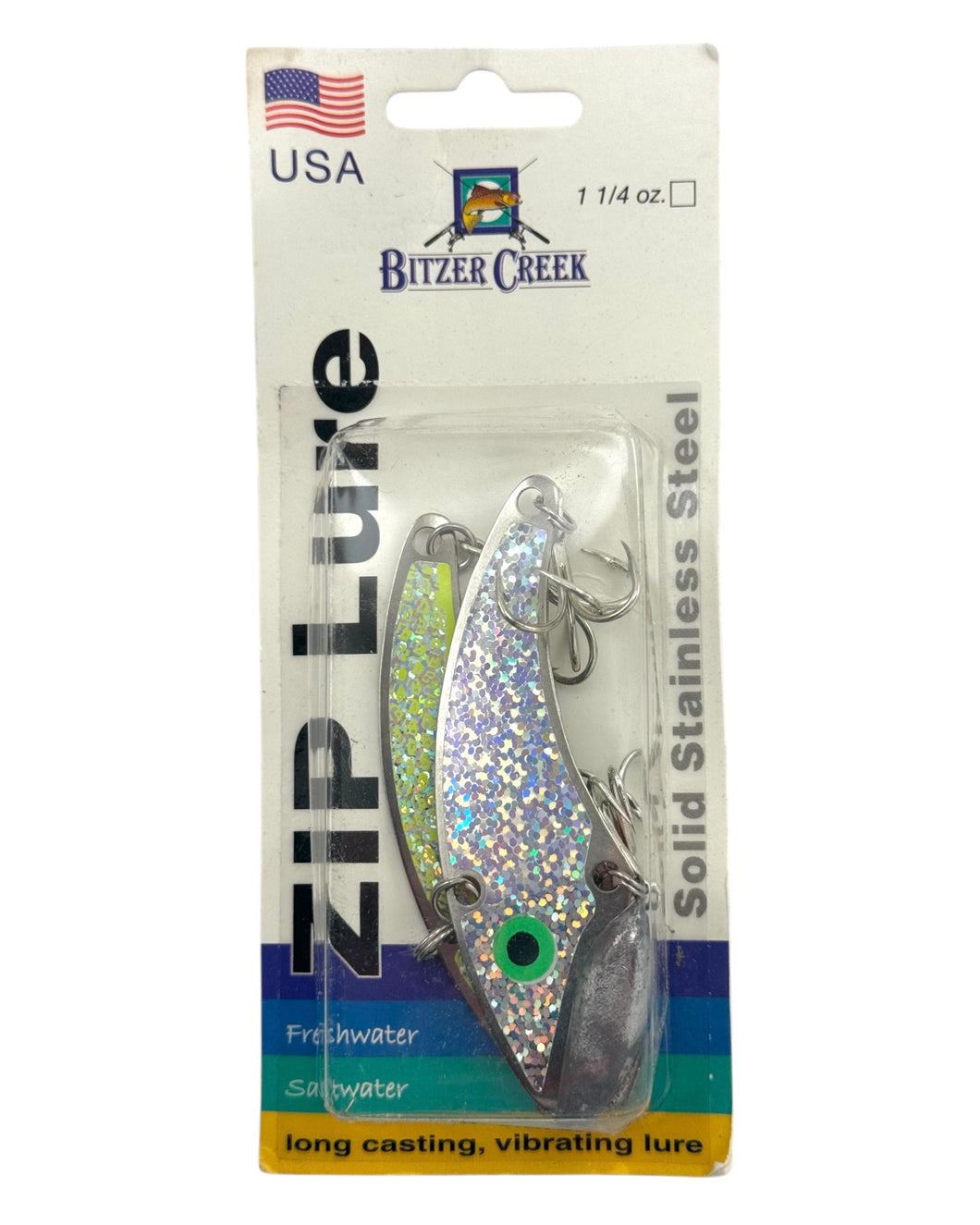 SOLID STAINLESS STEEL • BITZER CREEK ORIGINAL ZIP LURE BLADE BAIT • 1 1/4 oz GLOW TIGER