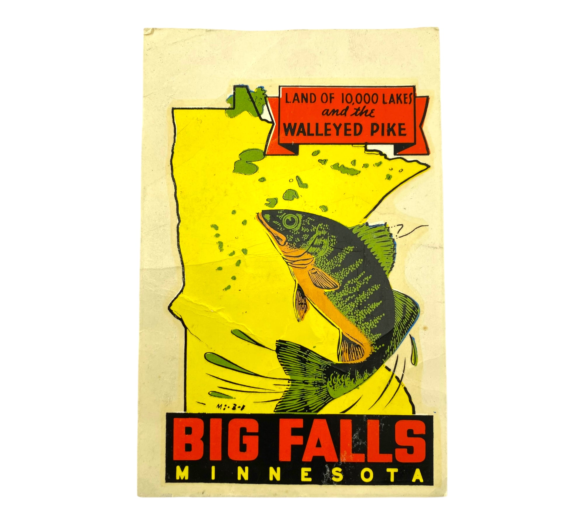 BIG FALLS, MINNESOTA Vintage Souvenir Decal • WALLEYE PIKE – Toad Tackle