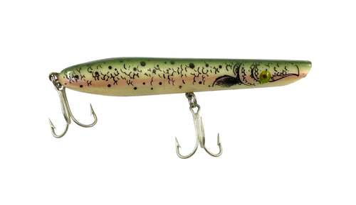Right Facing View of COTTON CORDELL PENCIL POPPER Saltwater Stout Fishing Lure in Rainbow Trout. Topwater Bait.