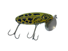 Lataa kuva Galleria-katseluun, Right Facing View of 5/8 oz Fred Arbogast Jitterbug Fishing Lure • LEOPARD FROG w/ YELLOW BELLY
