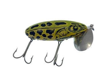 Right Facing View of 5/8 oz Fred Arbogast Jitterbug Fishing Lure • LEOPARD FROG w/ YELLOW BELLY