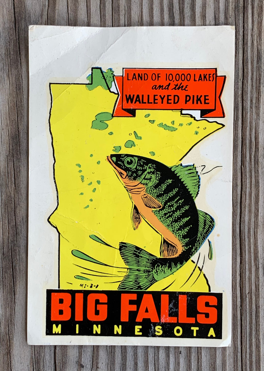 BIG FALLS, MINNESOTA Vintage Souvenir Decal • WALLEYE PIKE