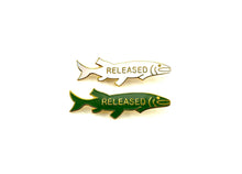 Load image into Gallery viewer, PAIR of Eco-Friendly Catch &amp; Release • Vintage Musky &quot;RELEASED&quot; Pins • WHITE &amp; GREEN
