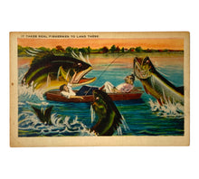 Load image into Gallery viewer, Front  View of BASS, MUSKY, WALLEYE GAMEFISH FISHING ANTIQUE TRAVEL POSTCARD. For Sale at Toad Tackle.
