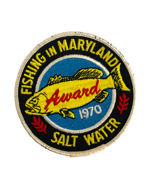 FISHING IN MARYLAND SALT WATER 1970 AWARD PATCH  Embroidered in Black, White, Yellow, Red, & Sky Blue