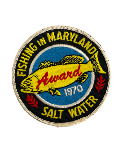 FISHING IN MARYLAND SALT WATER 1970 AWARD PATCH  Embroidered in Black, White, Yellow, Red, & Sky Blue