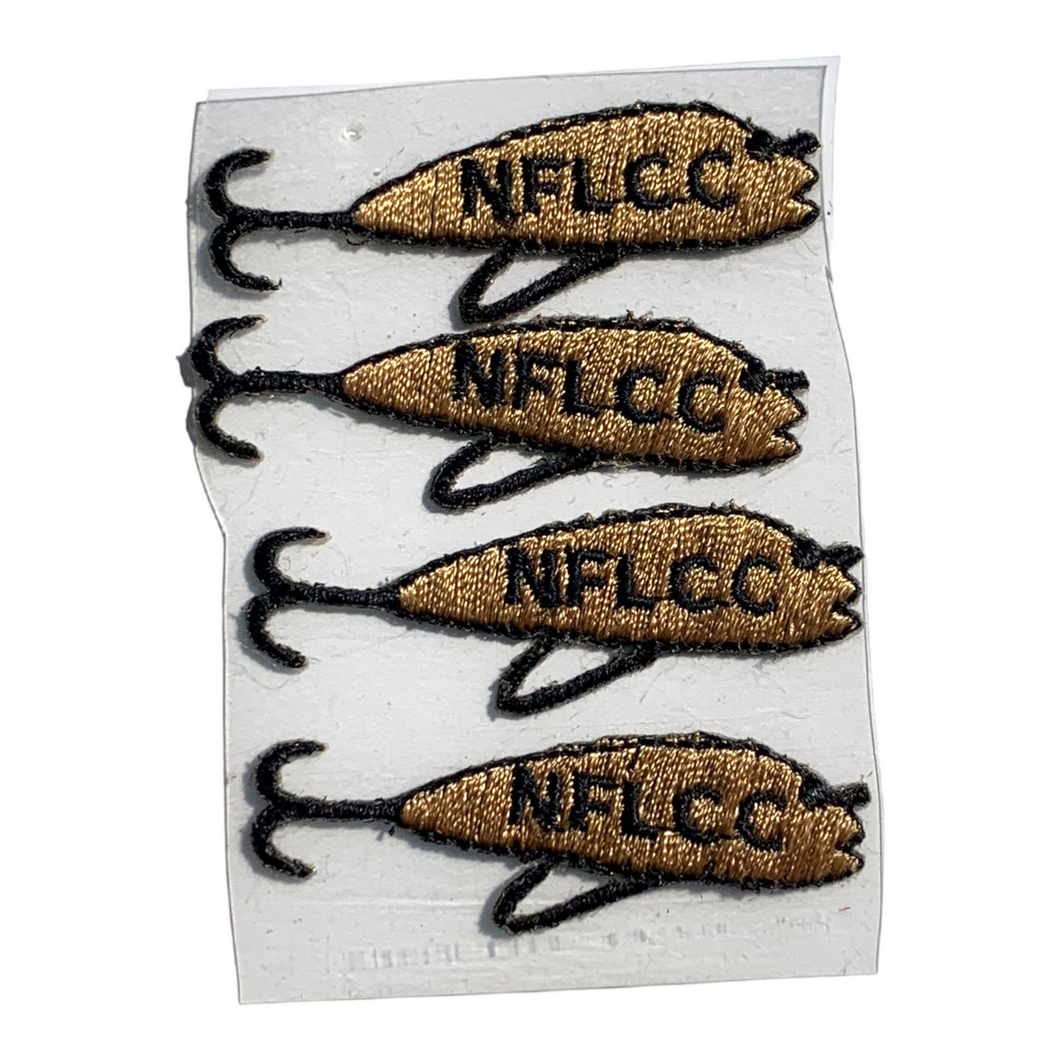 Front View of National Fishing Lure Collector Club Embroidered Sticker Patches • 4 Count NFLCC Souvenir Collectible