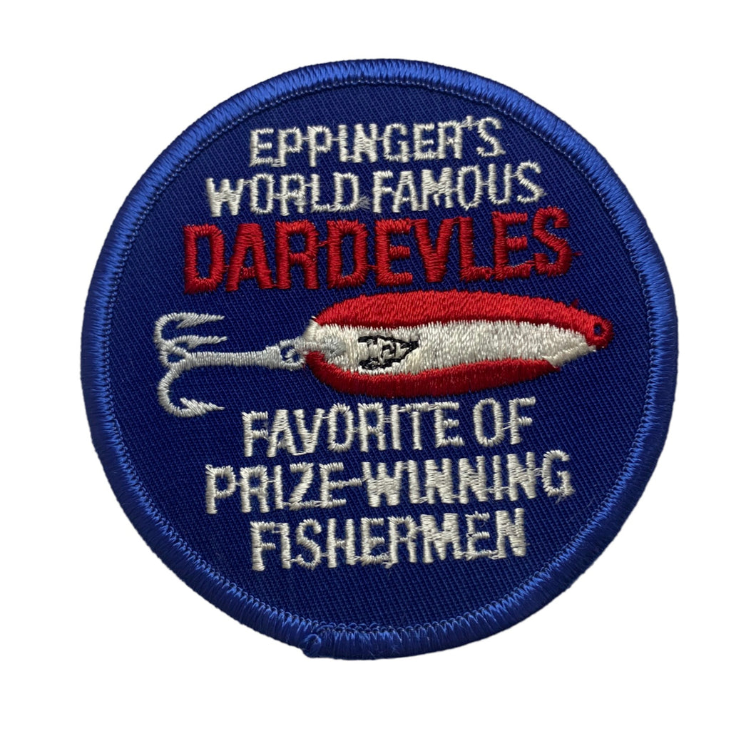 EPPINGER'S WORLD FAMOUS DARDEVLES Vintage Patch • Favorite of Prize-Winning Fishermen