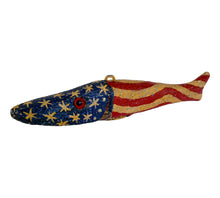 Charger l&#39;image dans la galerie, Left Facing View of DFD DULUTH FISHING DECOY by JIM PERKINS • AMERICANA FLAG FISH
