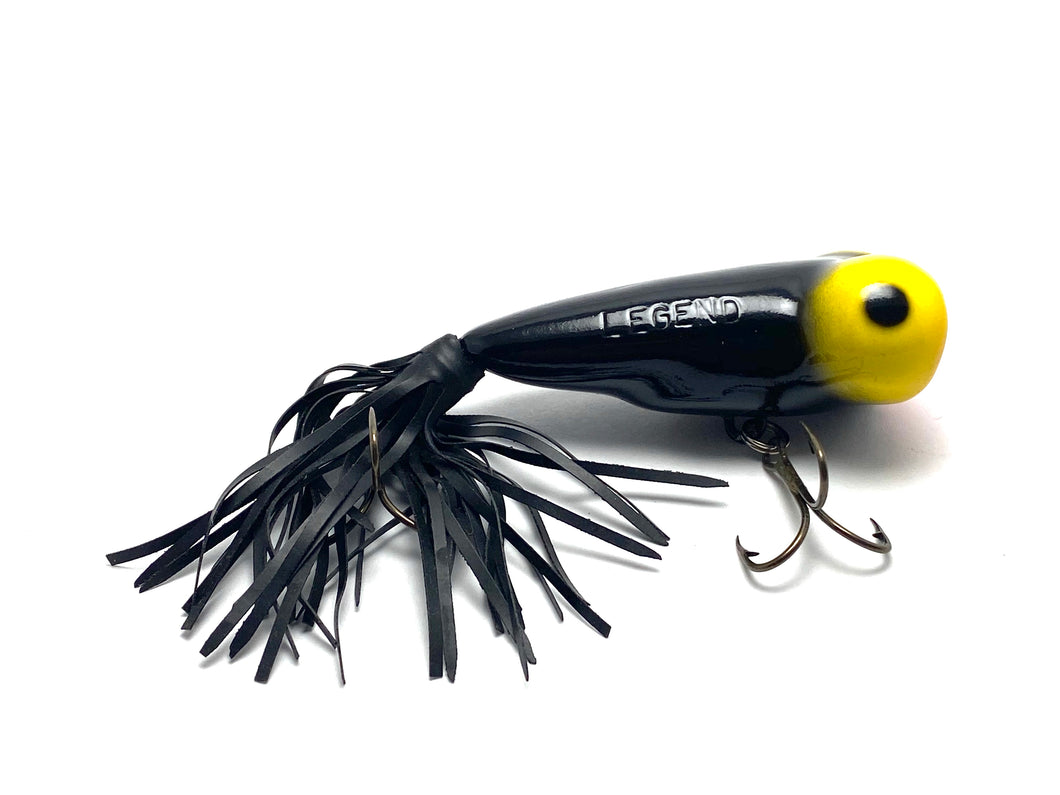 Right Facing View of LEGEND LURES Bug Eyed Popper Fishing Lure in BLACK & YELLOW. Largemouth Bass Size.