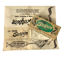 Load image into Gallery viewer, Box &amp; Insert View of H &amp; H LURE MANUFACTURING COMPANY of Phoenix Arizona SCORPION Fishing Lure Box w/ Original Papers. For Sale at Toad Tackle.
