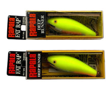 Load image into Gallery viewer, Lot of 2 Front Package View of RAPALA FAT RAP 7 Fishing Lures in SILVER FLUORESCENT CHARTREUSE
