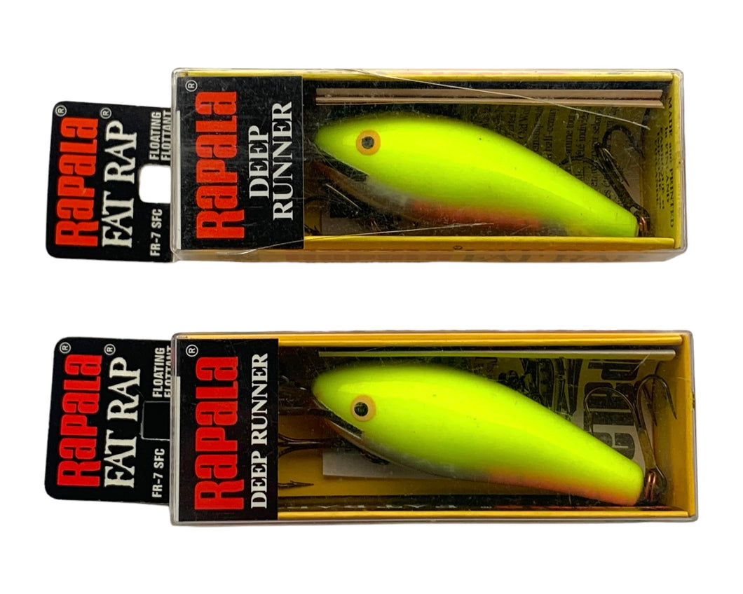 Lot of 2 Front Package View of RAPALA FAT RAP 7 Fishing Lures in SILVER FLUORESCENT CHARTREUSE