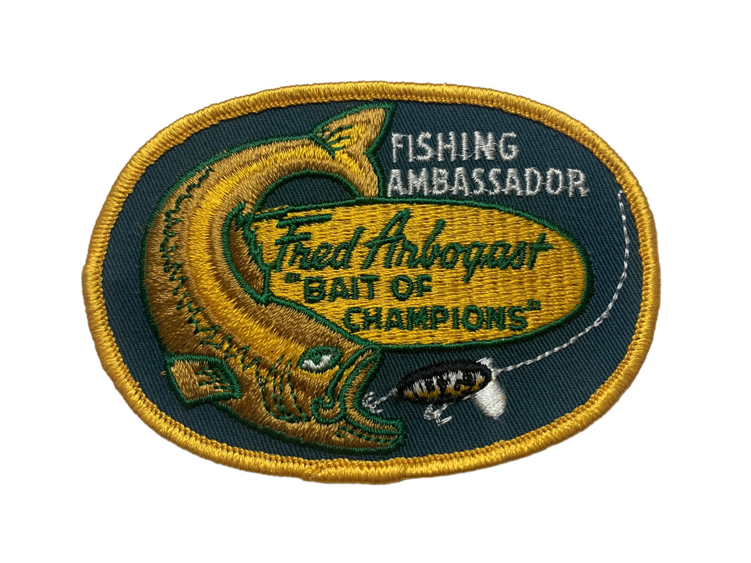 GULPING BASS • FRED ARBOGAST FISHING AMBASSADOR Vintage Patch in Gold Trim • Bait of Champions