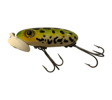 Load image into Gallery viewer, Left Facing View of SIDE STAMPED 2nd Generation Hardware FRED ARBOGAST 5/8 oz JITTERBUG w/Plastic Lip Fishing Lure in FROG
