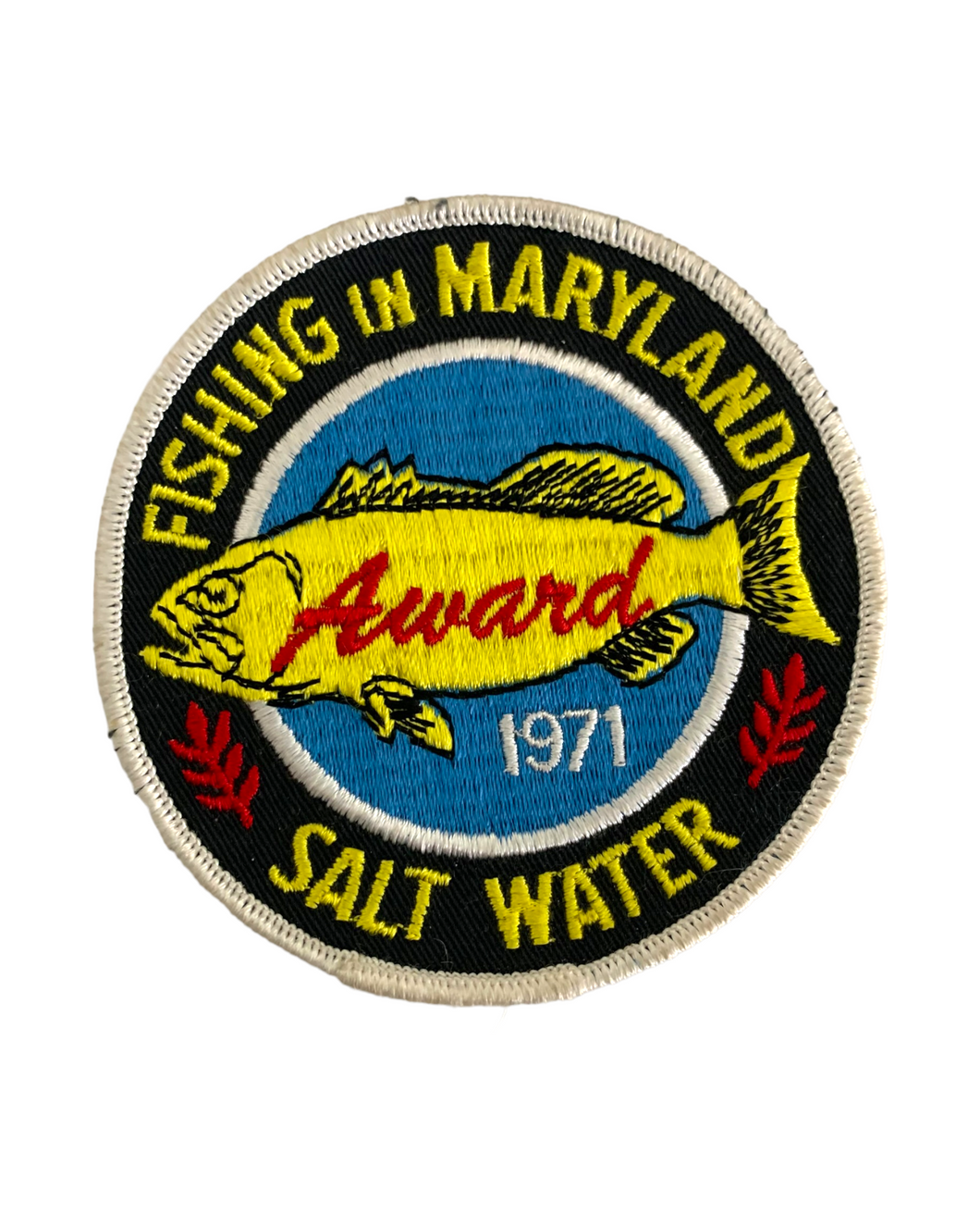 FISHING IN MARYLAND SALT WATER 1971 AWARD PATCH in  Black, Yellow, White, Red, & Sky Blue