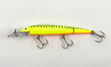 Toad Tackle • ToadTackle.net • ToadTackle.co • ToadTackle.us • Rebel FASTRAC JOINTED MINNOW Vintage Fishing Lure • ORANGE/CHARTREUSE BELLY & BLACK STRIPES