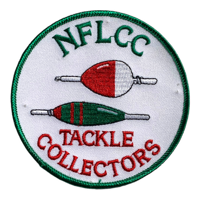 Front View of NATIONAL FISHING LURE COLLECTORS CLUB TACKLE COLLECTORS PATCH • ANTIQUE WOOD BOBBERS