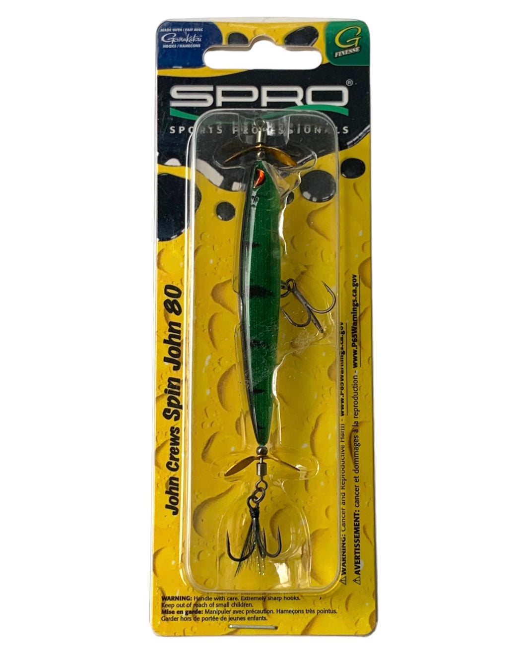 Front Package View of Dual Prop Topwater Bait. SPRO John Crews SPIN JOHN 80 Fishing Lure in REAL PERCH
