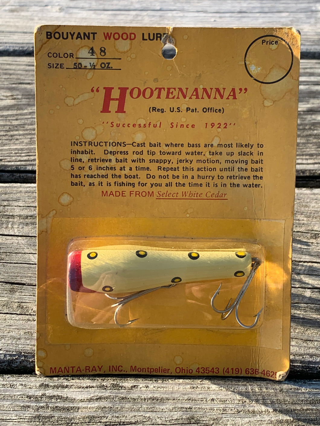 MONTPELIER OHIO • MANTA RAY, Inc. HOOTENANNA Bouyant Wood Fishing Lure • Color 48 • Size 50