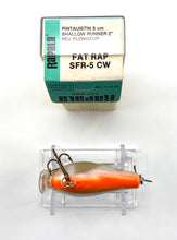 Load image into Gallery viewer, Bait Belly View &amp; Box Stats of Vintage TEAL LABEL Box RAPALA SHALLOW FAT RAP Fishing Lure in CRAYFISH
