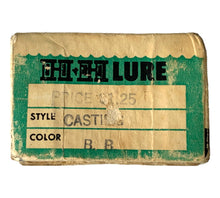 Load image into Gallery viewer, Box Stats VIew of H &amp; H LURE MANUFACTURING COMPANY of Phoenix Arizona SCORPION Fishing Lure Box w/ Original Papers. For Sale at Toad Tackle.
