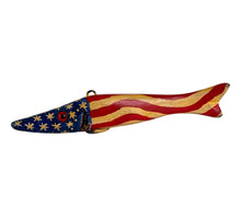 Load image into Gallery viewer, Left Facing View of Jim Perkin&#39;s DULUTH FISHING DECOY (DFD) USA FLAG Musky
