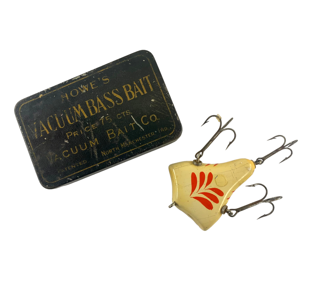 HOWE'S VACUUM BASS BAIT Antique Wood Fishing Lure w/ Original Tin