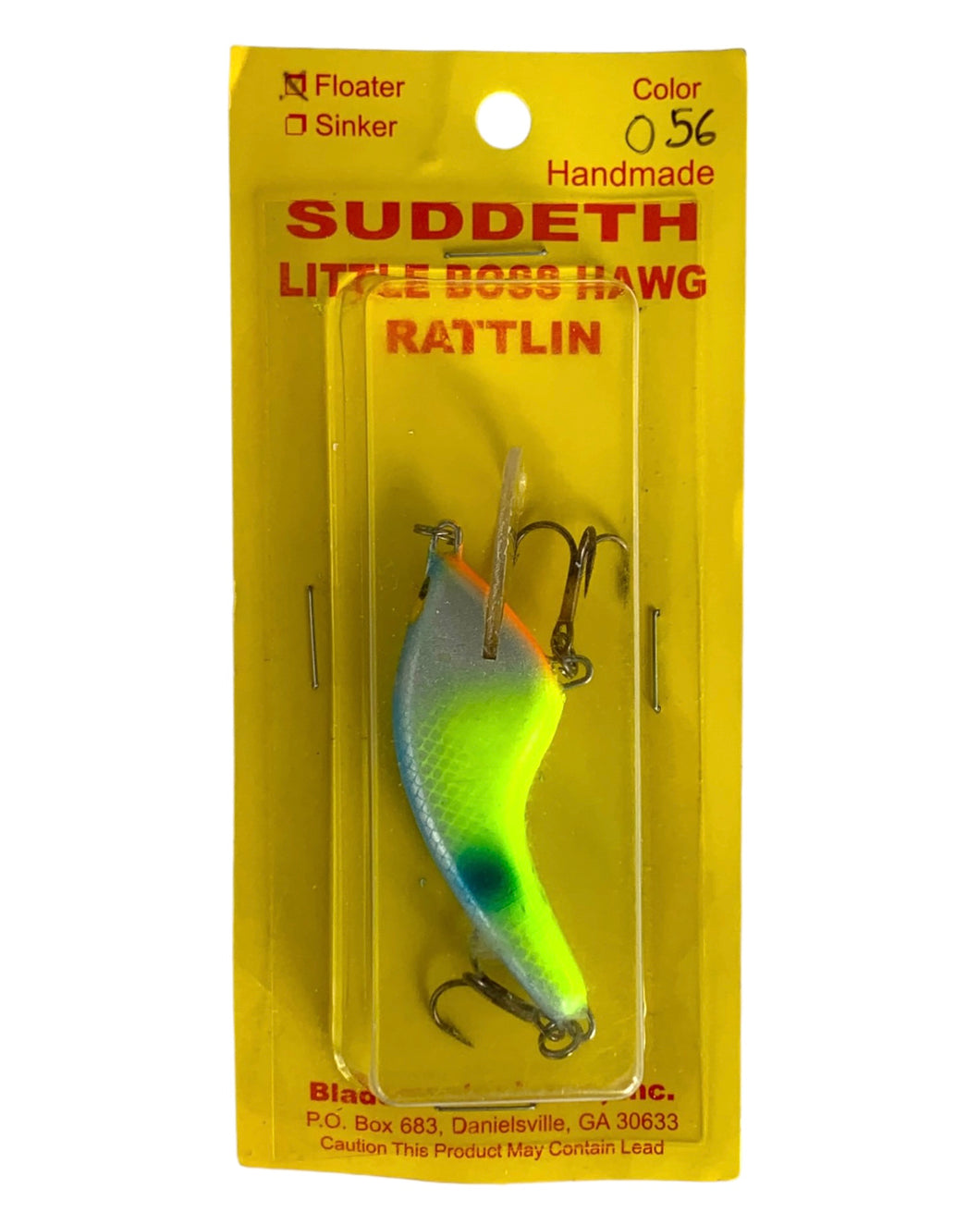 Front Package View of SUDDETH LITTLE BOSS HAWG RATTLIN Fishing Lure Handmade Bait From Danielsville, Georgia