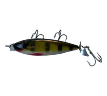 Charger l&#39;image dans la galerie, Stamped Stencil View of Antique CREEK CHUB BAIT COMPANY (CCBCO) 3 HOOK INJURED MINNOW Fishing Lure w/Glass Eyes in PERCH SCALE
