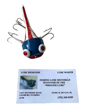Load image into Gallery viewer, Folk Art Business Card View of USA Flag FROGGISH Fishing Lure Handmade by MARK M. DEVLIN JR. Available at Toad Tackle.
