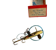 Load image into Gallery viewer, Top View of Antique DAM Size 30 SPINNER Fishing Lure with Retro Musky Graphics Insert
