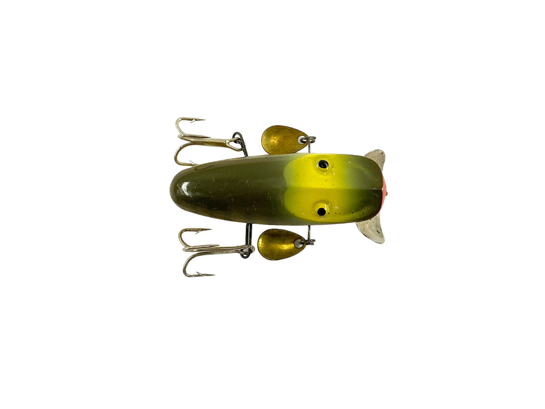 SPINNING SIZE • Vintage Makinen Tackle Company WonderLure Fishing Lure • FATIGUE GREEN BACK & STRIPES w/ YELLOW SIDES