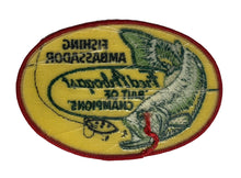 Load image into Gallery viewer, Back View of Fred Arbogast Vintage Collector Patch Depicting a Largemouth Bass Gulping a Vintage Jitterbug Fishing Lure
