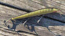 Load image into Gallery viewer, ALL BRASS HARDWARE • JIM BAGLEY BAIT COMPANY 7&quot; BANG-O Fishing Lure • SBG BLACK STRIPES on GOLD FOIL
