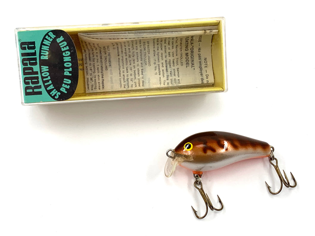Box & Lure View of Vintage TEAL LABEL Box RAPALA SHALLOW FAT RAP Fishing Lure in CRAYFISH