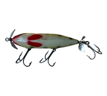Load image into Gallery viewer, Belly View of Antique CREEK CHUB BAIT COMPANY (CCBCO) 3 HOOK INJURED MINNOW Fishing Lure w/Glass Eyes in PERCH SCALE
